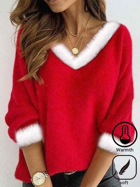 

Plain Fur Collar Casual Sweater, Red, Sweaters & Cardigans