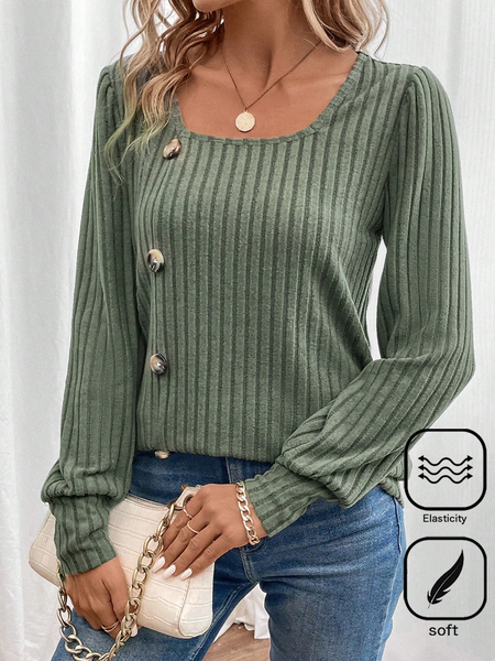 

Women Plain Square Neck Casual Long Sleeve T-shirt, Green, Long Sleeves