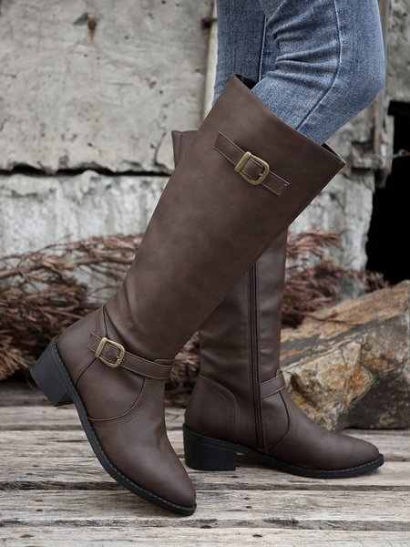 

Vintage Buckle Strap Mid-calf Riding Boots, Coffee, Boots