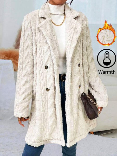 

Warmth Buckle Jacquard Long Sleeve Casual Plain Fleece Fabric Teddy Jacket, Off white, Outerwear