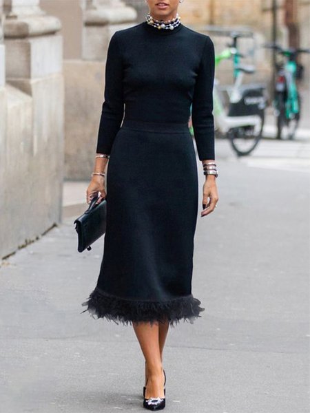 

Tight Crew Neck Elegant Plain Dress, Black, Maxi Dresses