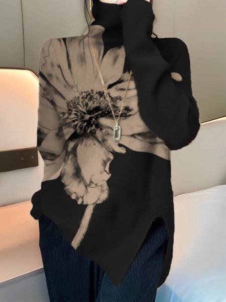 

Long Sleeve Casual Loose Turtleneck Floral Sweater, Black, Pullovers