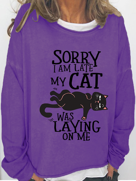 

Women's Casual Sorry I am Late my Cat was Sitting on Me Cat Lover Letters Sweatshirt, Light purple, Hoodies&Sweatshirts