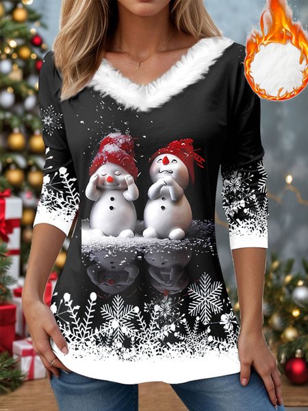 

Casual Christmas Snowman V Neck Long Sleeve T-shirt, Black, T-shirts