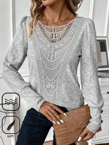 

Women Plain Crew Neck Casual Long Sleeve T-shirt, Gray, Long Sleeves