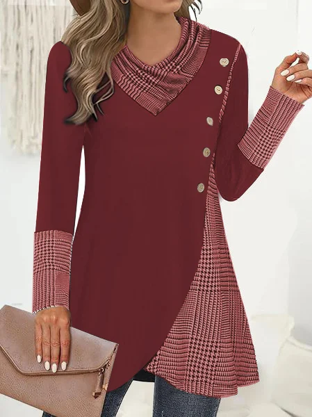 

Long Sleeve Plaid Buttoned Regular Micro-Elasticity Loose TUNIC Blouse For Women, Red, Blouses