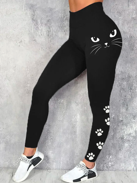 

Black Cat Face Paw Print Comfy Leggings, Leggings
