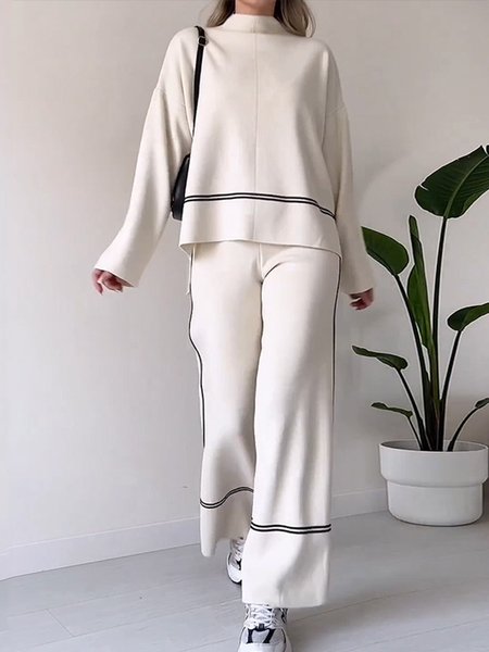 

Casual Loose Plain Top With Pants Two-Piece Set, White, Suit Set