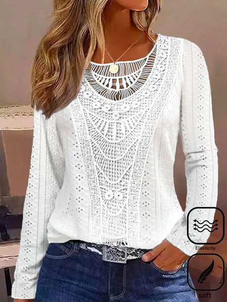 

Women Plain Crew Neck Casual Long Sleeve T-shirt, White, Long Sleeves