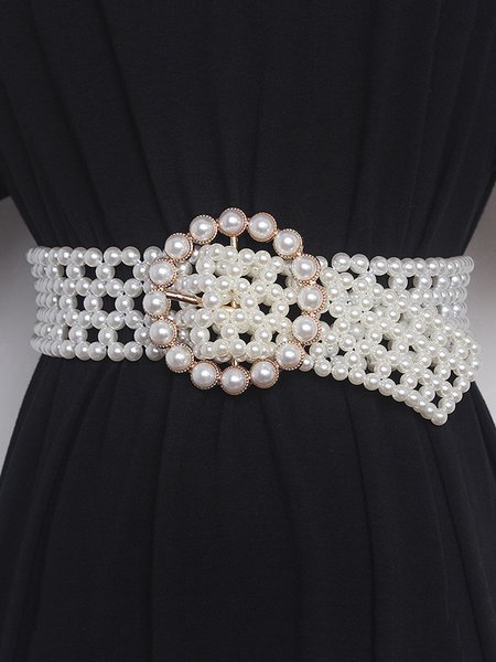 

Elegant Braided Imitation Pearl Wide Belt Dress Decorative Waist Belt, Color2, Belts