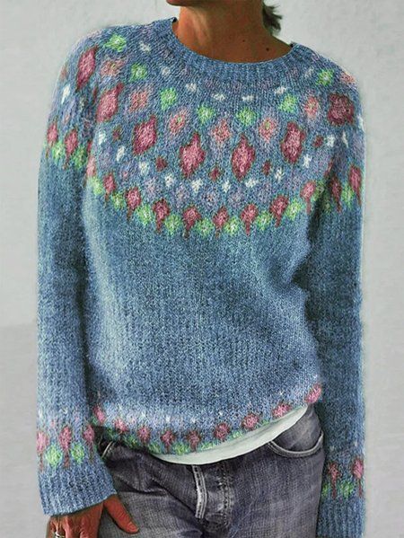 

Crew Neck Ethnic Casual Loose Sweater, Blue, Sweaters