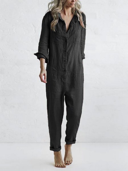 

JFN Cotton & Linen Casual Loose Plain Shawl Collar Shirt Jumpsuit, Black, Jumpsuits＆Rompers