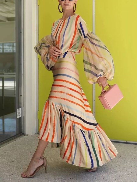 

Elegant Regular Fit Striped Crew Neck Maxi Dress, As picture, Maxi Dresses