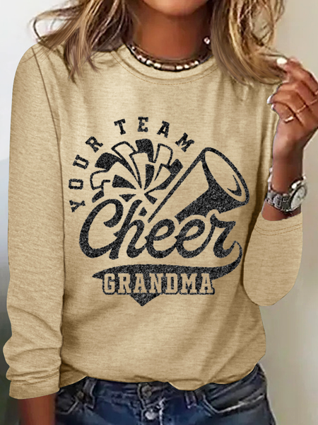 

Cheer Grandma Cotton-Blend Text Letters Crew Neck Simple Long Sleeve Shirt, Khaki, Long sleeves