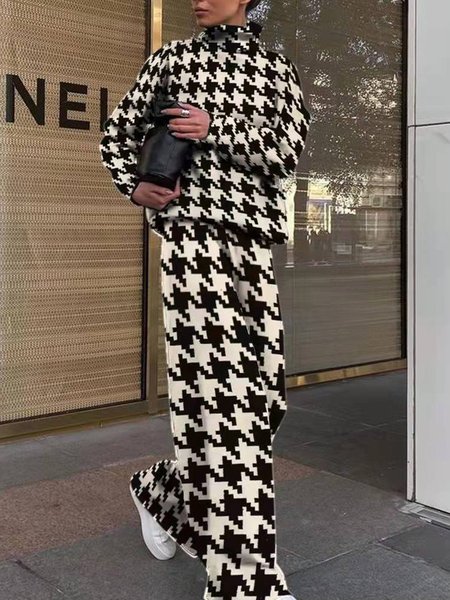 

Casual Fashion Print Turtleneck Sweater Two-Piece Set, Black, Suit Set