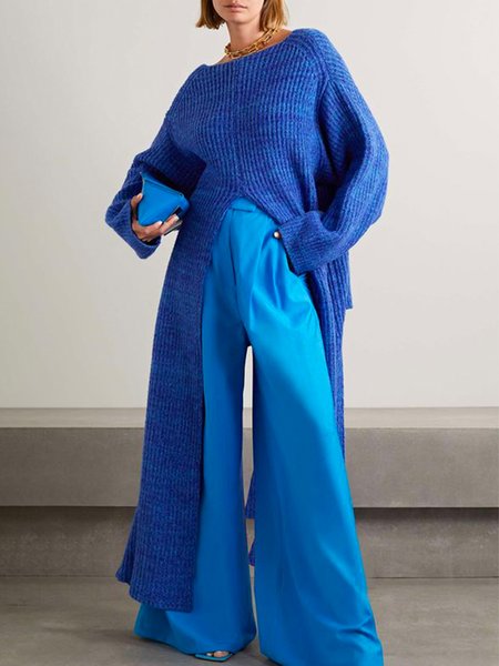 Crew Neck Loosen Long Sleeve Urban Sweater, Blue, Pullovers