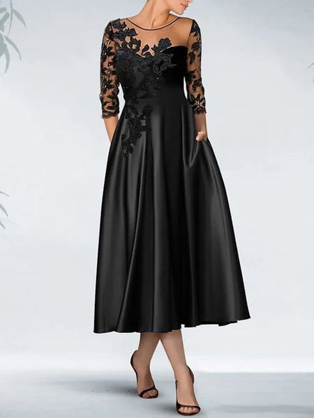 Elegant Crew Neck Lace Plain Dress, Black, Formal Dresses
