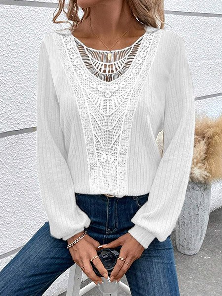 Lace Crochet Design Daily Plain Casual Crew Neck Loose H Line Long Sleeve T Shirt