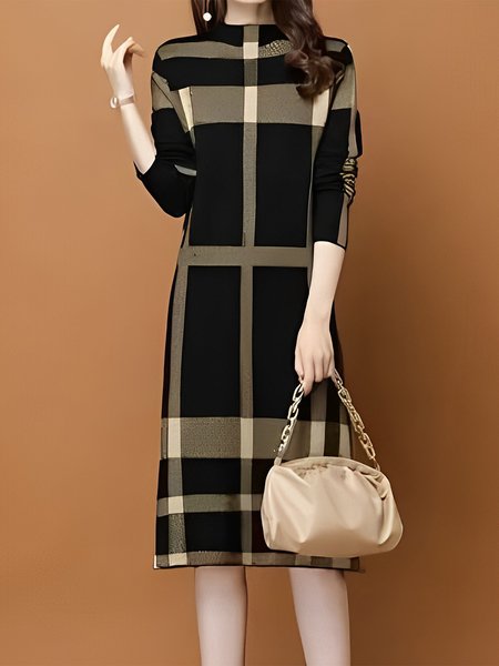 

Urban Long Sleeve Plaid Sweater Midi Dress With No Belt, Black, Midi Dresses