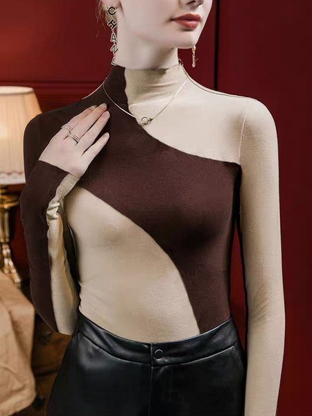 Long Sleeve Tight Urban Color Block T-Shirt, Brown, Tees