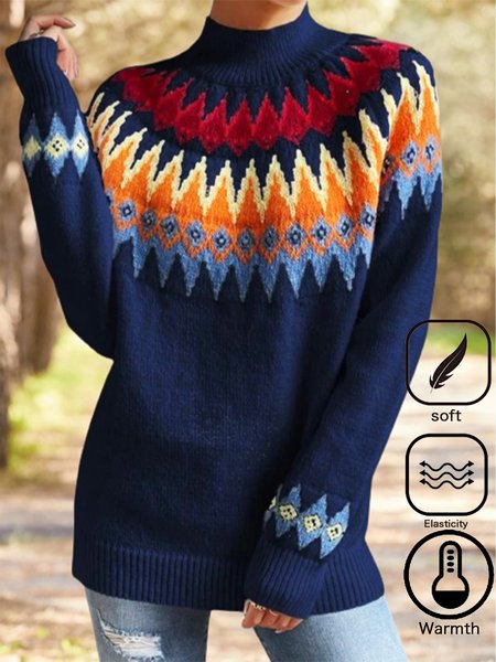 

Women Yarn/Wool Yarn Geometric Long Sleeve Comfy Boho Sweater, Blue, Sweaters