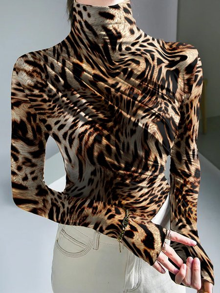 

Turtleneck Jersey Animal Print Urban T-Shirt, As picture, Tees