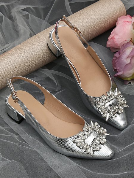 

Elegant Rhinestone Buckle Embossed Block Heel Slingback Shoes, Silver, Heels