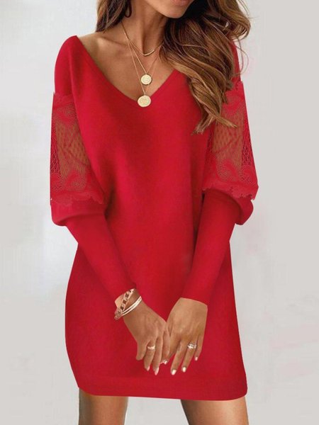 

Women Plain V Neck Long Sleeve Comfy Casual Lace Midi Dress, Red, Dresses