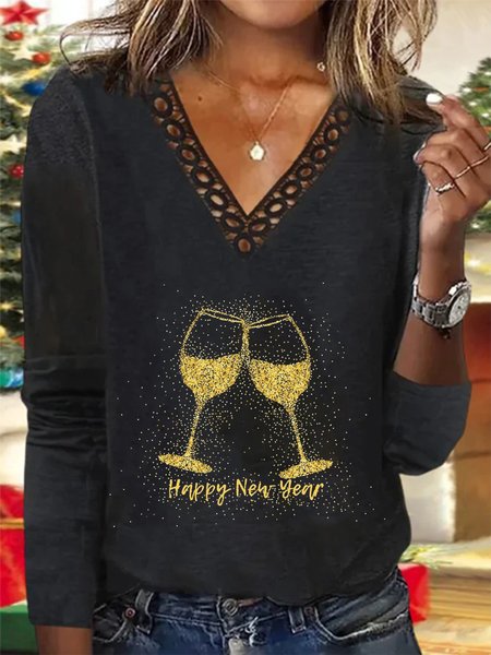 Wine Glass Long Sleeve Lace V Neck Casual T Shirt