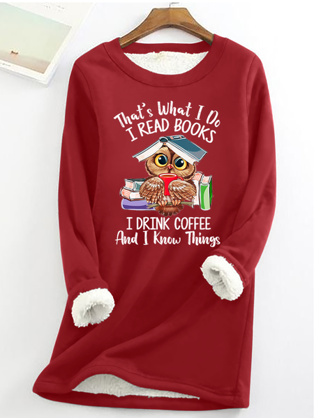

Women's Owl Coffe Book Funny Crew Neck Text Letters Simple Loose Fleece Sweatshirt, Red, Hoodies&Sweatshirts