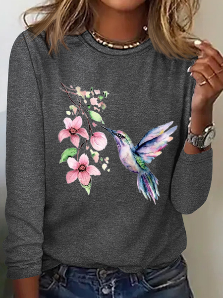 

Women's Hummingbird Watercolor Nature Bird Lover Crew Neck Cotton-Blend Casual Long Sleeve Shirt, Gray, Long sleeves