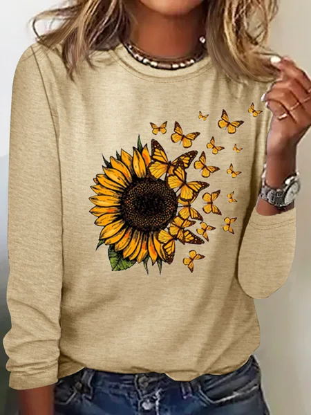 

Women’s Butterfly Sunflower Print Casual Cotton-Blend Long Sleeve Shirt, Khaki, Long sleeves