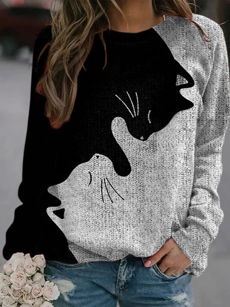Casual Crew Neck Cat Sweatshirt, Black-grey, Hoodies & Sweatshirts