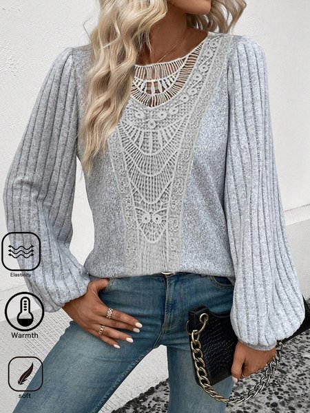 Crew Neck Casual Lace Loose T Shirt