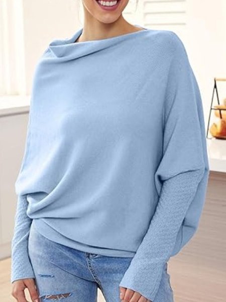 

Casual Loose Crew Neck Asymmetric Draped Sweater, Light blue, Sweaters & Cardigans
