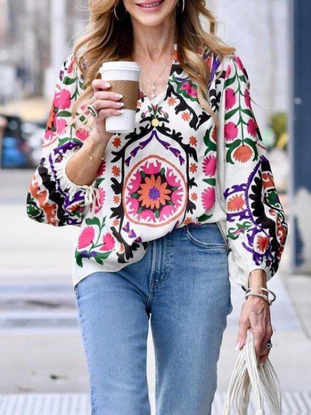 

V Neck Elegant Loose Floral Shirt, As picture, Shirts & Blouses
