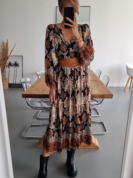 

Romantic and Gorgeous Ethnic Loose V Neck Midi Dress, Black-brown, Boho Dresses