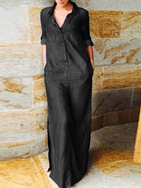 

Casual Plain Lapel Collar Roll Tab Sleeve Loose Slit Maxi Shirt Dress, Black, Shirt Dresses