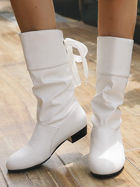 

Christmas Eyelet Tied Detail Low Heel Ruched Mid-calf Boots, White, Boots