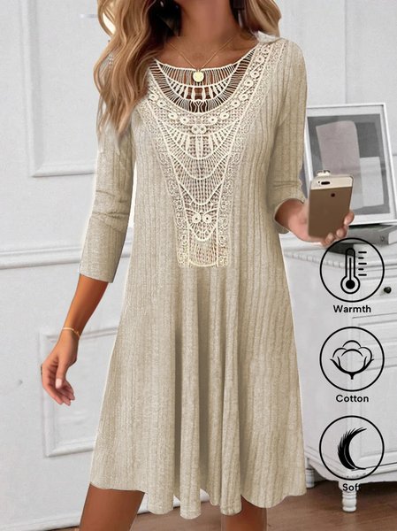 Plain Elegant Crew Neck Lace Dress With No, Beige, Midi Dresses