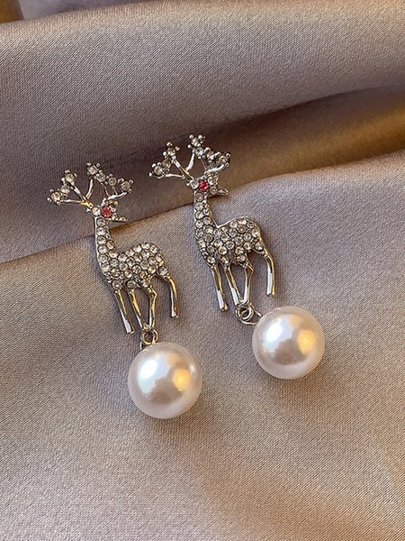 

Christmas Rhinestone Elk Imitation Pearl Dangle Earrings, Silver, Earrings