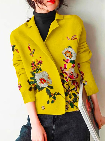 

Floral Lapel Collar Urban Long Sleeve Cardigan, Yellow, Cardigans