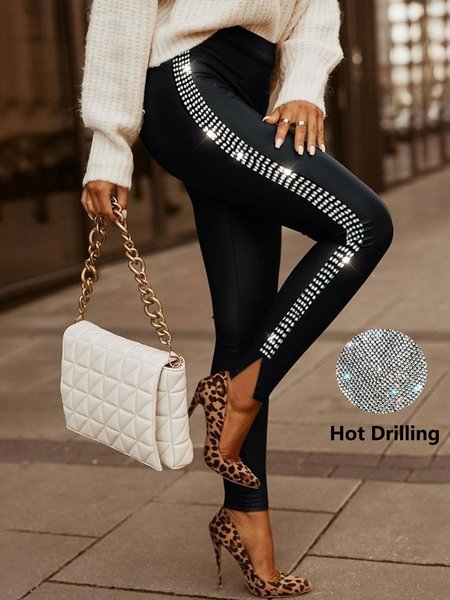 Casual Plain Hot Drilling Long Leggings, Black, Leggings