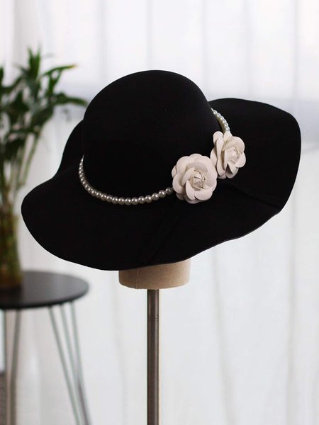 

Women's Elegant Camellia Imitation Pearl Black Wide Brim Bride Hat, Hats & Headwear