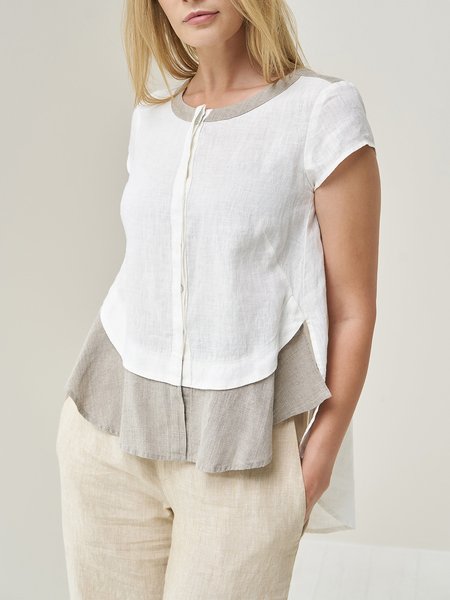 

Linen Color Block Crew Neck Short Sleeve T-shirt, White, Blouses