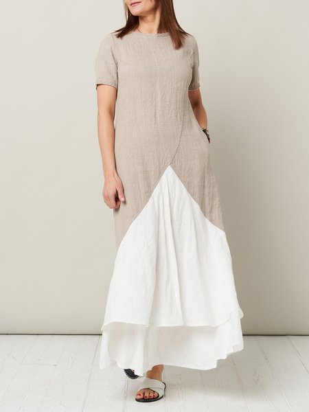

Women Color Block Crew Neck Short Sleeve Comfy Simple Maxi Dress, Khaki, Dresses