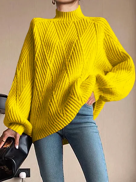 

Plain Half Turtleneck Urban Long Sleeve Loosen Sweater, Yellow, Pullovers
