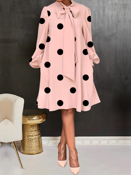 

Polka Dots Elegant Loose Long Sleeve Stand Collar Midi Dress, Pink, Midi Dresses