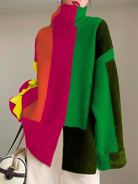 

Color Block Turtleneck Urban Long Sleeve Sweater, Multicolor, Pullovers