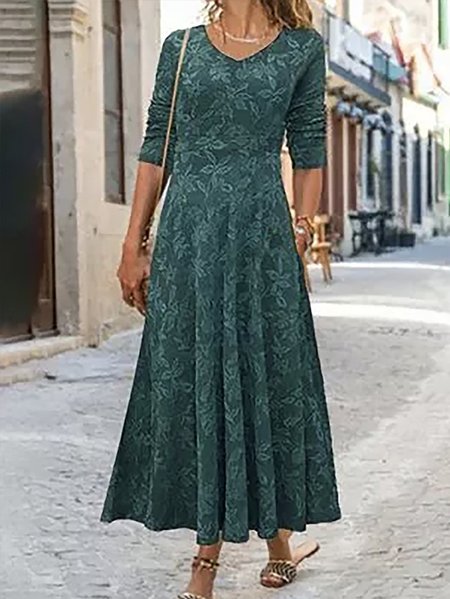 Women Floral Hoodie Long Sleeve Comfy Casual Maxi Dress, Green, Dresses